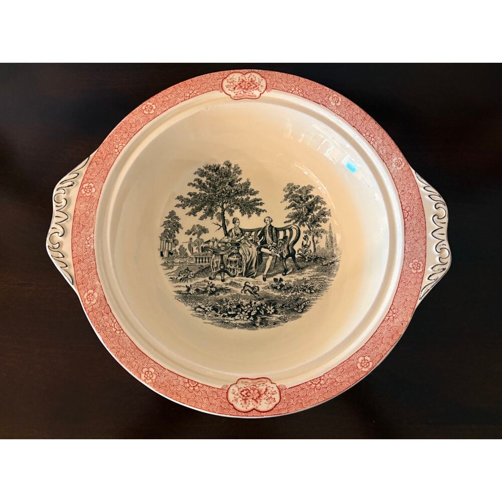Vintage Adams Rose Terrace England 10" Handled Serving Bowl Red Transferware